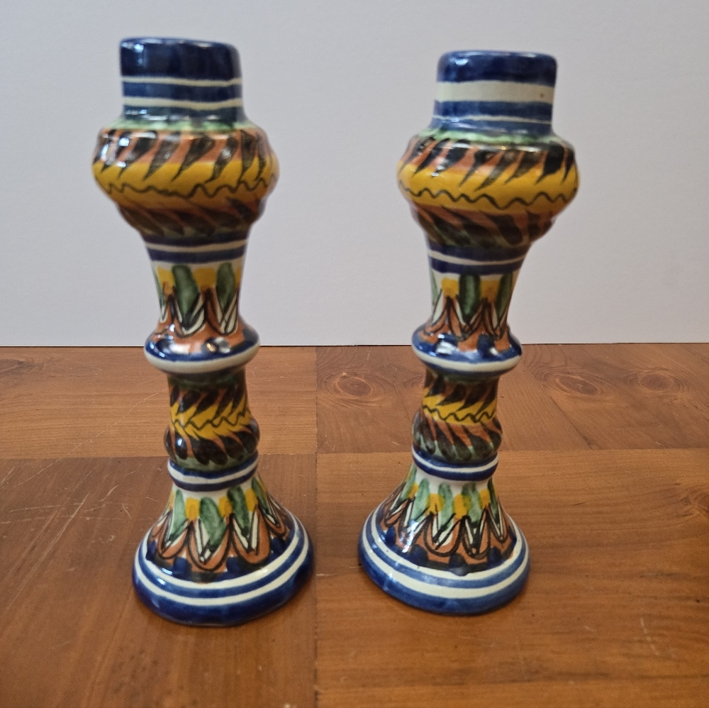 Beautiful Mexican Pottery Multicolor Set Of Candleholders
